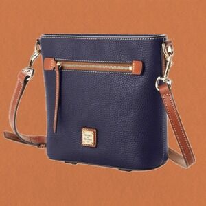 Dooney & Bourke Pebble Grain Midnight Blue Carmel Tan Accent Zip Crossbody Bag